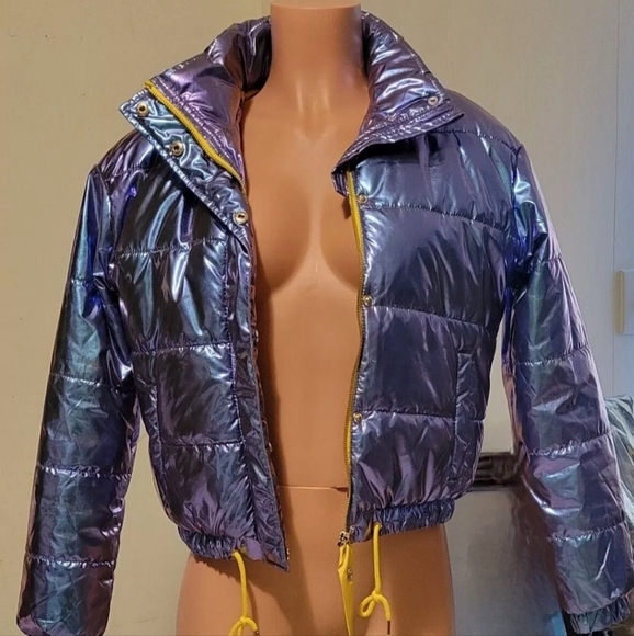 Metallic Blue Green Mermaid Color Change Cropped Puffer Yellow Drawstring Jacket - Picture 2 of 5